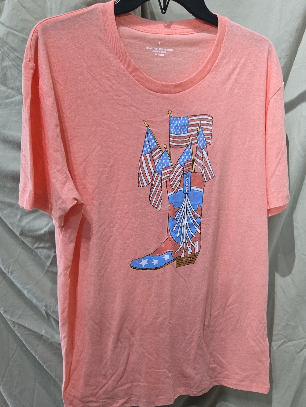 Women’s Coral Short Sleeve Tee with Patriotic Boot Graphic - Unbranded
